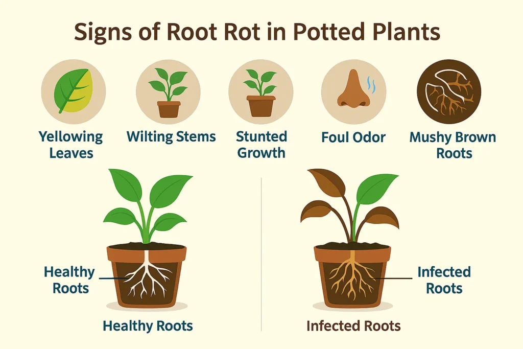 Infographic showing symptoms of Root Rot in Potted Plants such as yellow leaves, wilted stems, and brown mushy roots.