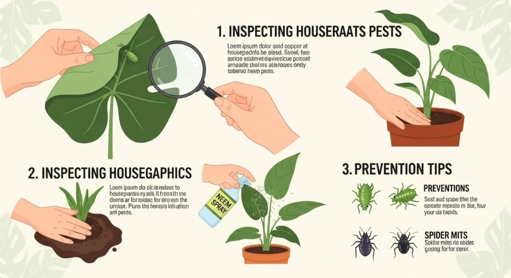Infographic showing how to inspect houseplants for pests and diseases before overwintering, part of the Cold Frame Gardening Guide.