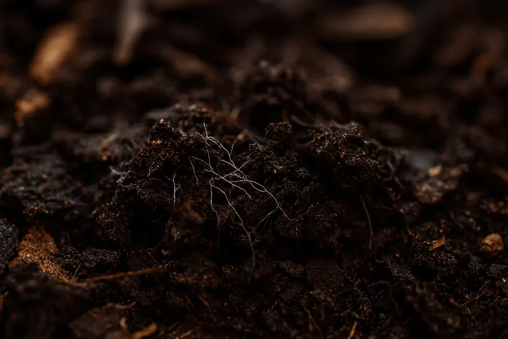 Dark crumbly leaf mold showing fungal decomposition on a woodland floor.