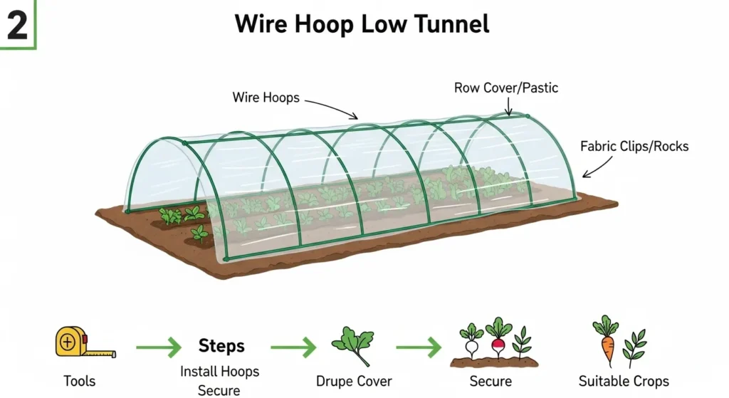 Infographic showing three affordable cold frame gardening structures including PVC hoop house, wire tunnel, and recycled window frame, part of the Cold Frame Gardening Guide.
