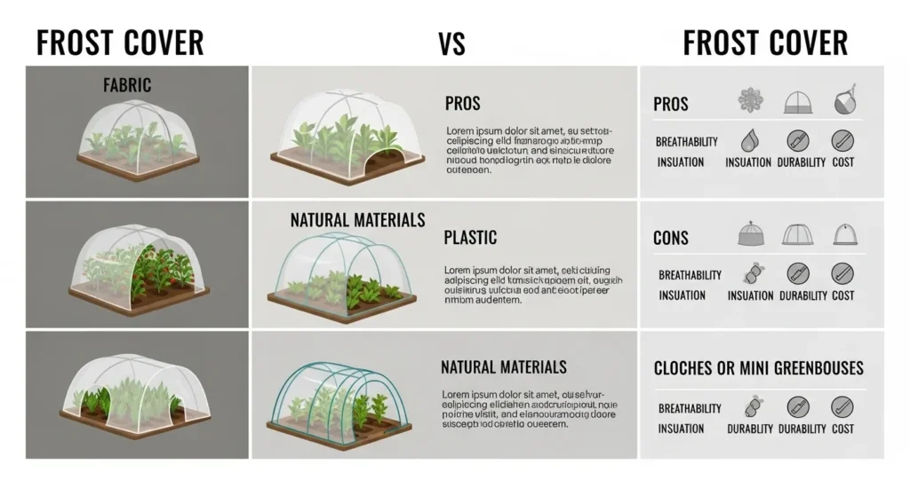 Comparison infographic of frost protection for plants showing fabric covers, plastic tunnels, natural mulch, and cloches with pros and cons.
