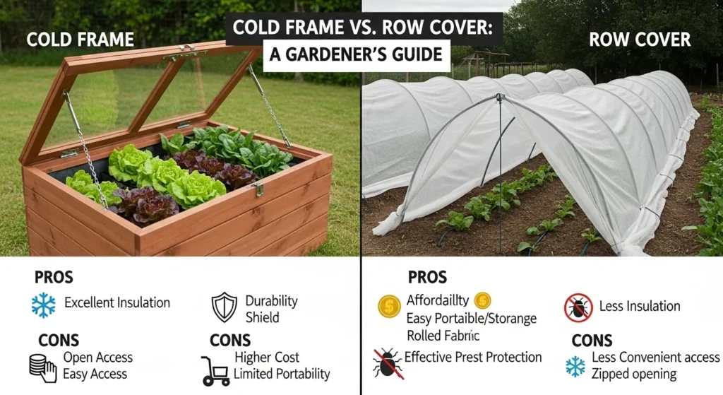 Infographic highlighting the key benefits of a DIY cold frame including low cost, energy-free heating, and extended growing season for garden vegetables