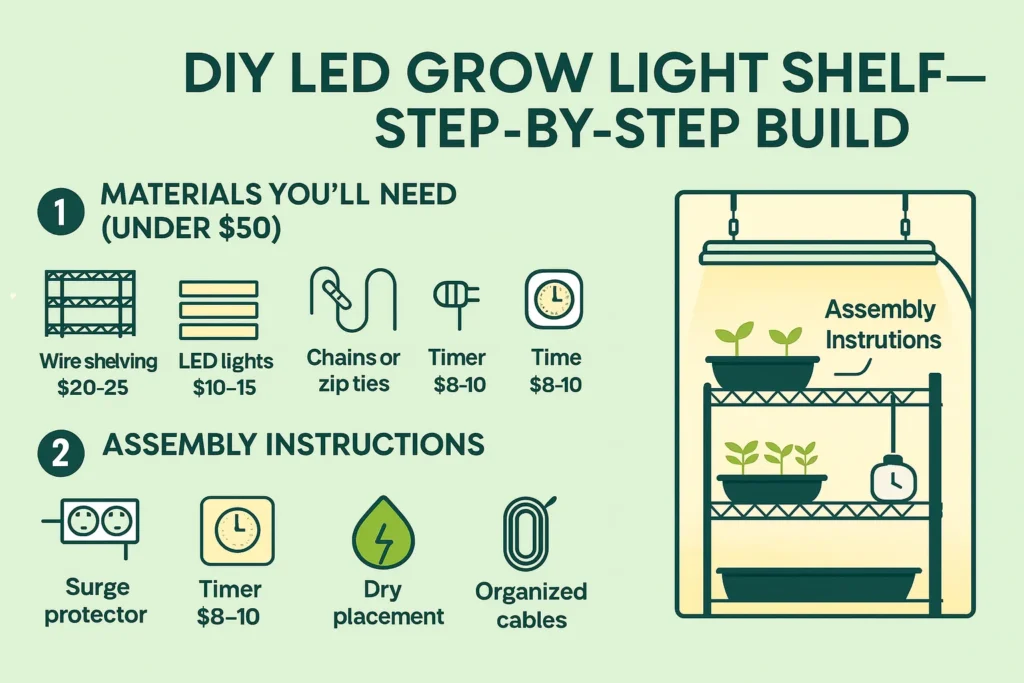 Infographic showing how to build a DIY LED grow light shelf under $50 for seedlings with materials, assembly steps, and safety tips.
