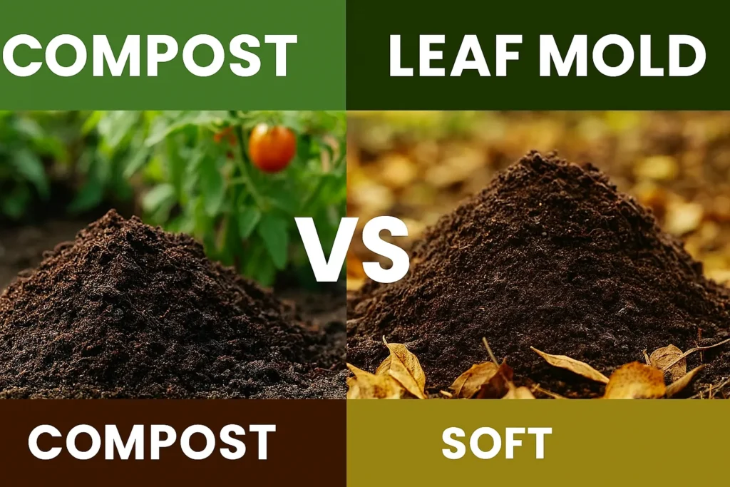 Visual comparison of compost and leaf mold showing their different textures and uses.