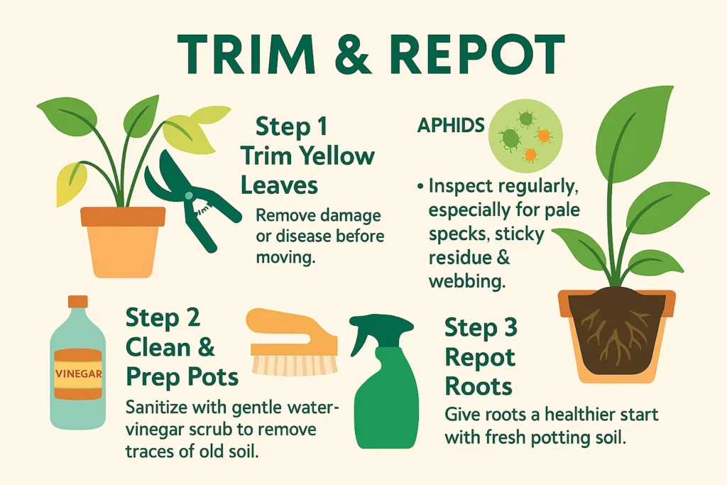 Infographic explaining how to trim, clean, and repot houseplants before overwintering indoors, part of the Cold Frame Gardening Guide.