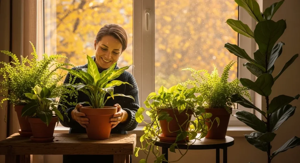 Warm, inspiring image showing healthy green houseplants glowing under soft autumn light. A gardener smiles while adjusting a pot near the window — symbolizing balanced plant care through the season.
