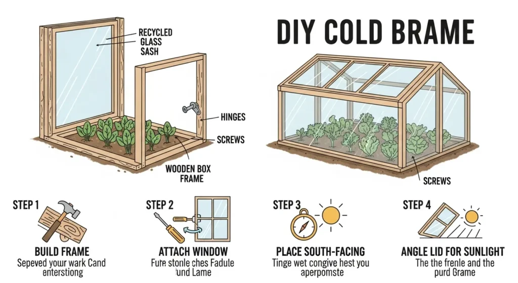 Infographic illustrating how to build a recycled window DIY cold frame using scrap wood, hinges, and glass to protect spinach, kale, and lettuce.
