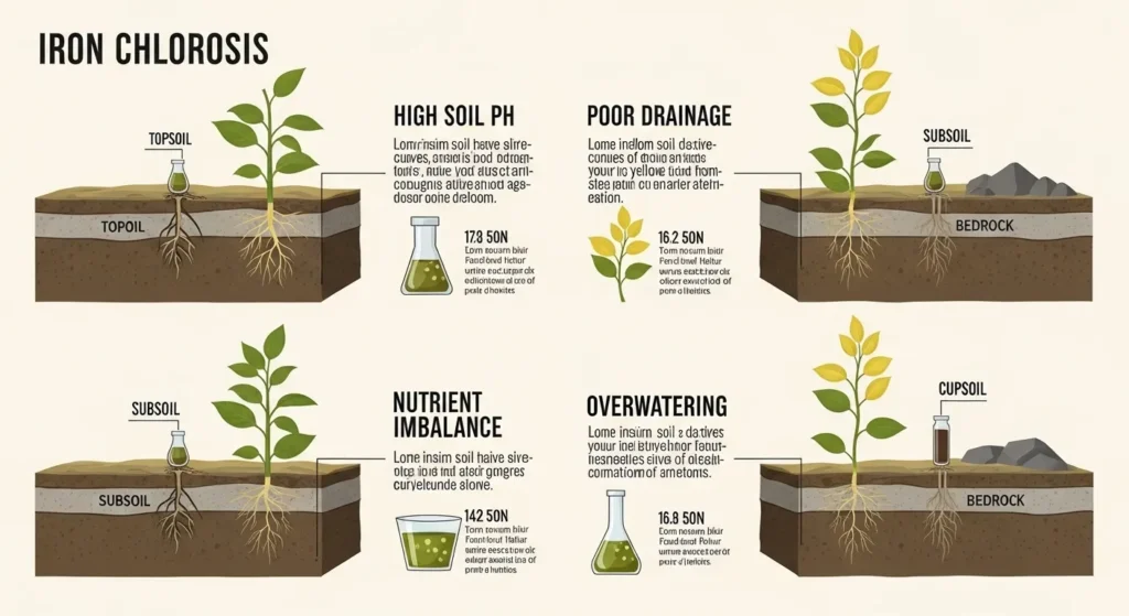 “Infographic explaining causes of Iron Chlorosis Yellow Leaves including high pH, compacted soil, and nutrient imbalance.”