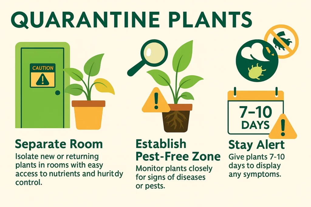 Infographic showing how to quarantine overwintering houseplants indoors for 7–10 days to prevent pest spread, featured in the Cold Frame Gardening Guide.