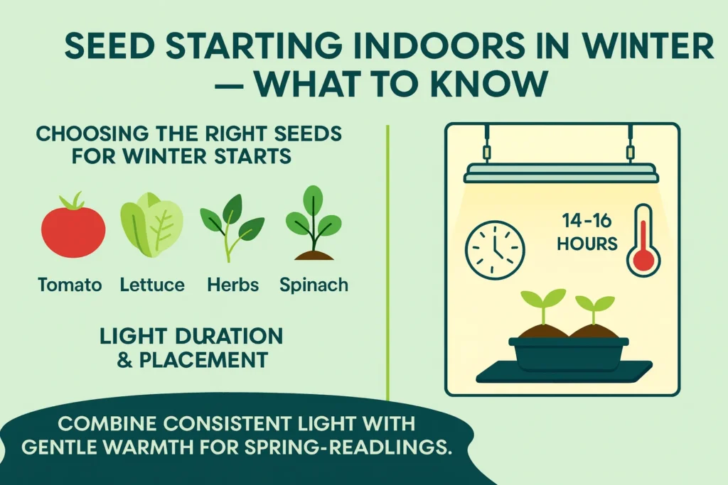 Infographic showing how to start seeds indoors in winter using cheap grow lights for seedlings, highlighting seed choice, light duration, and warmth.