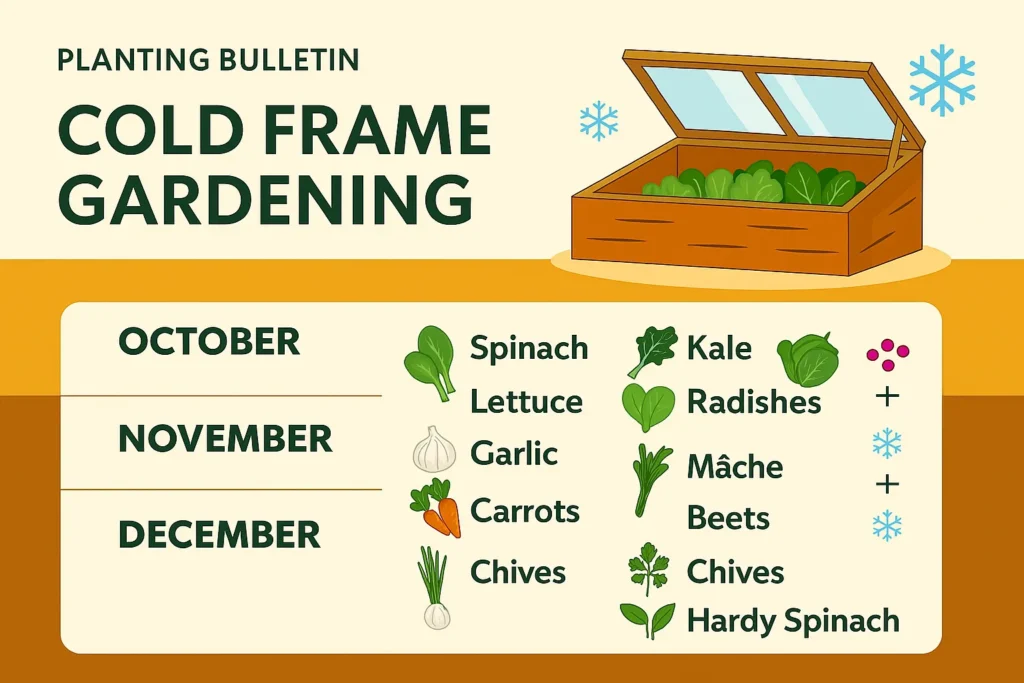 “Infographic showing cold frame gardening planting guide for October to December with crops like spinach, garlic, and hardy herbs, part of the Cold Frame Gardening Guide.