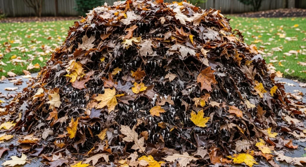 A big pile of unshrouded autumn leaves decomposing slowly in a garden.
