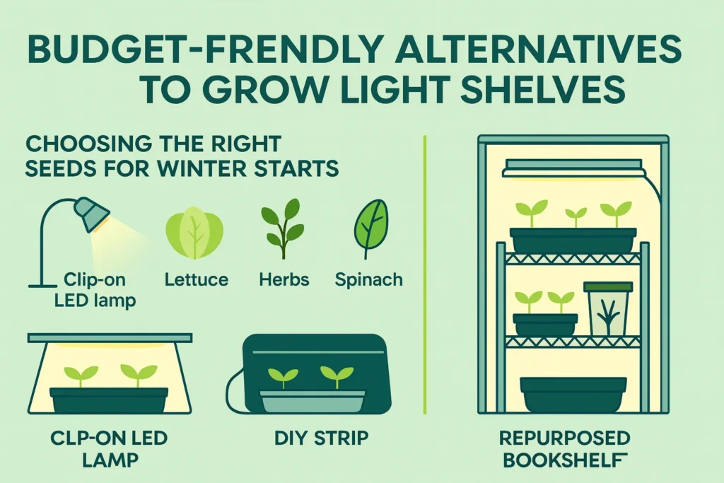 Infographic showing budget-friendly alternatives to shelves with cheap grow lights for seedlings including clip-on lamps and PVC frame setups.