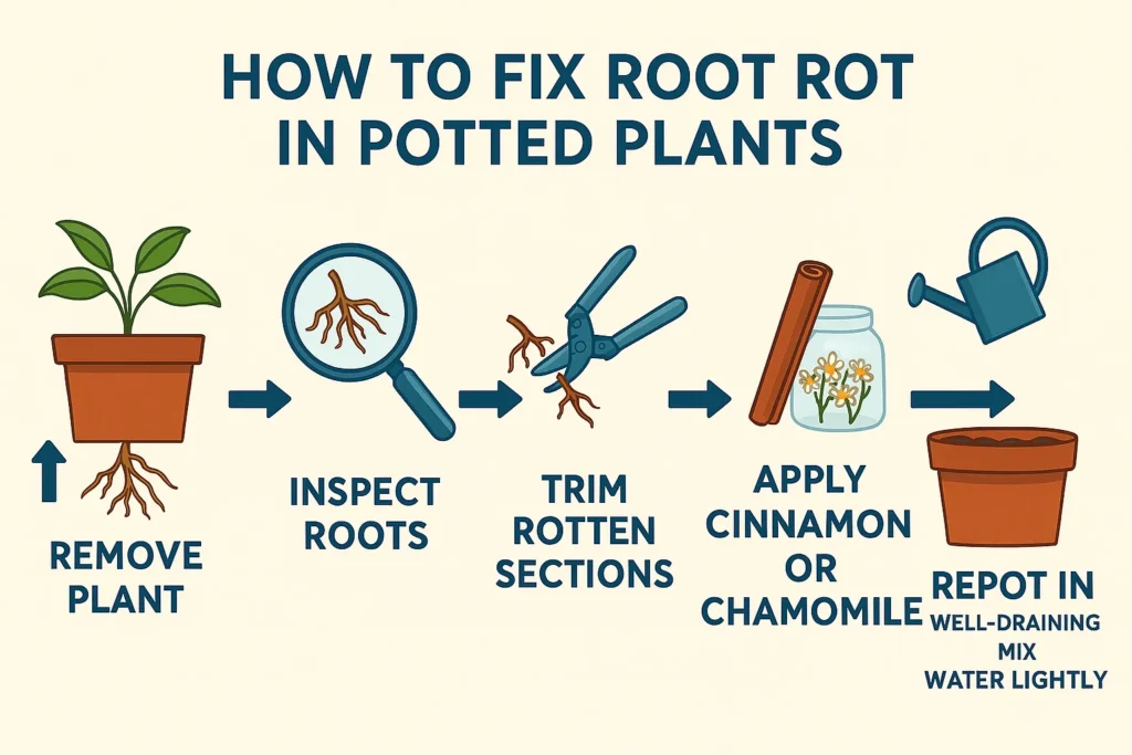 Infographic showing how to fix Root Rot in Potted Plants naturally using trimming, cinnamon, fresh soil, and careful watering.