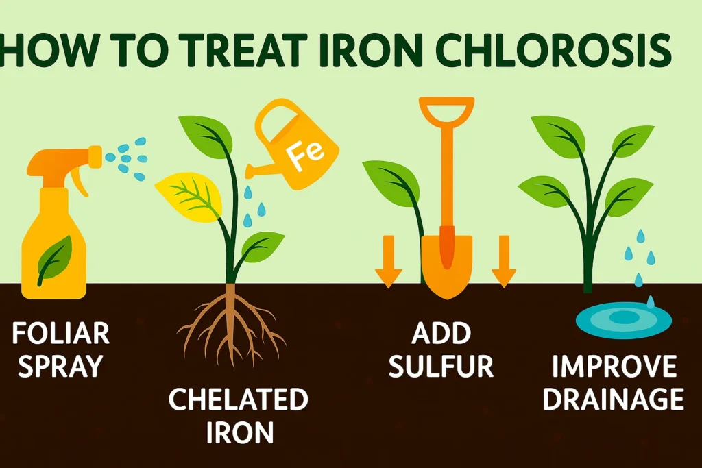“Infographic showing how to treat Iron Chlorosis Yellow Leaves using foliar sprays, soil pH correction, and chelated iron supplements.”