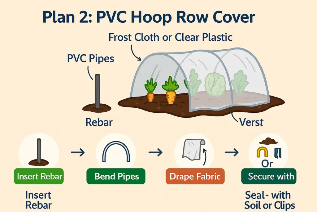 Infographic showing PVC hoop row cover setup with curved pipes, frost cloth, and clips, offering an alternative to the DIY cold frame for frost protection.
