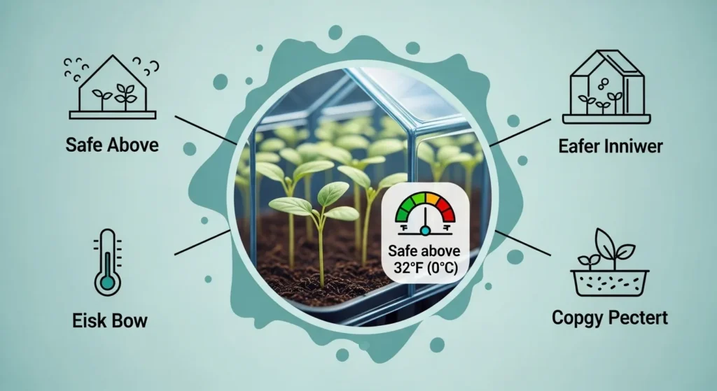 Infographic showing frost protection for plants focused on seedlings with cloches, mulch, and double-layer insulation techniques.