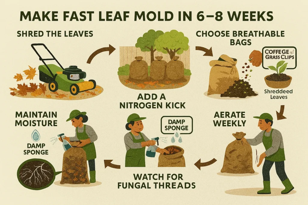 Infographic showing the 6-step fast leaf mold method: shred leaves, use breathable bags, add nitrogen, keep moisture, aerate weekly, and look for fungal threads.