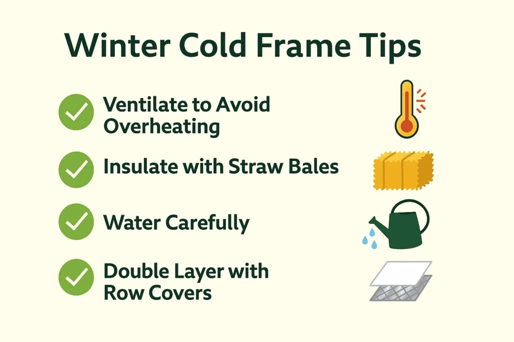 Infographic showing key winter cold frame gardening tips such as ventilation, insulation, and moisture control, part of the Cold Frame Gardening Guide.
