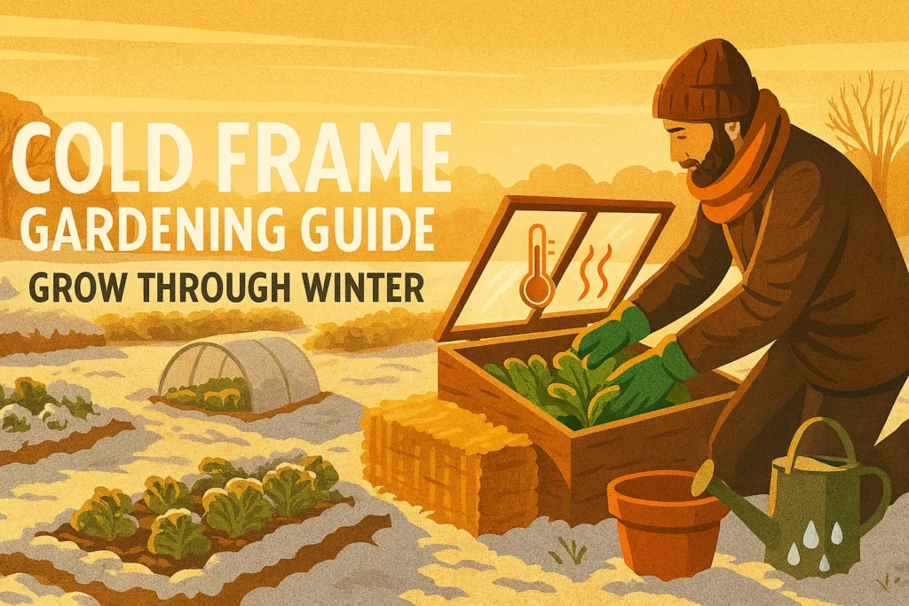 Inspiring image of a gardener harvesting greens from a cold frame in winter, symbolizing resilience and abundance, part of the Cold Frame Gardening Guide.