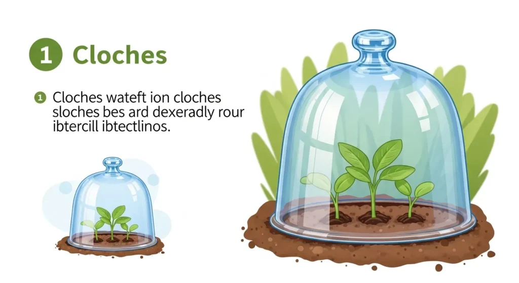 Infographic showing combined methods of frost protection for plants using fabric, mulch, plastic tunnels, and soil heat retention layers.