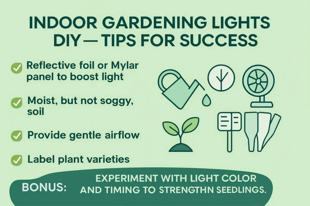Infographic with DIY indoor gardening light tips for cheap grow lights for seedlings, featuring reflective panels, airflow, and watering advice.