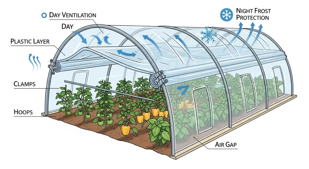 Infographic displaying a low tunnel with plastic sheeting over metal hoops, demonstrating a method similar to a DIY cold frame for frost protection.
