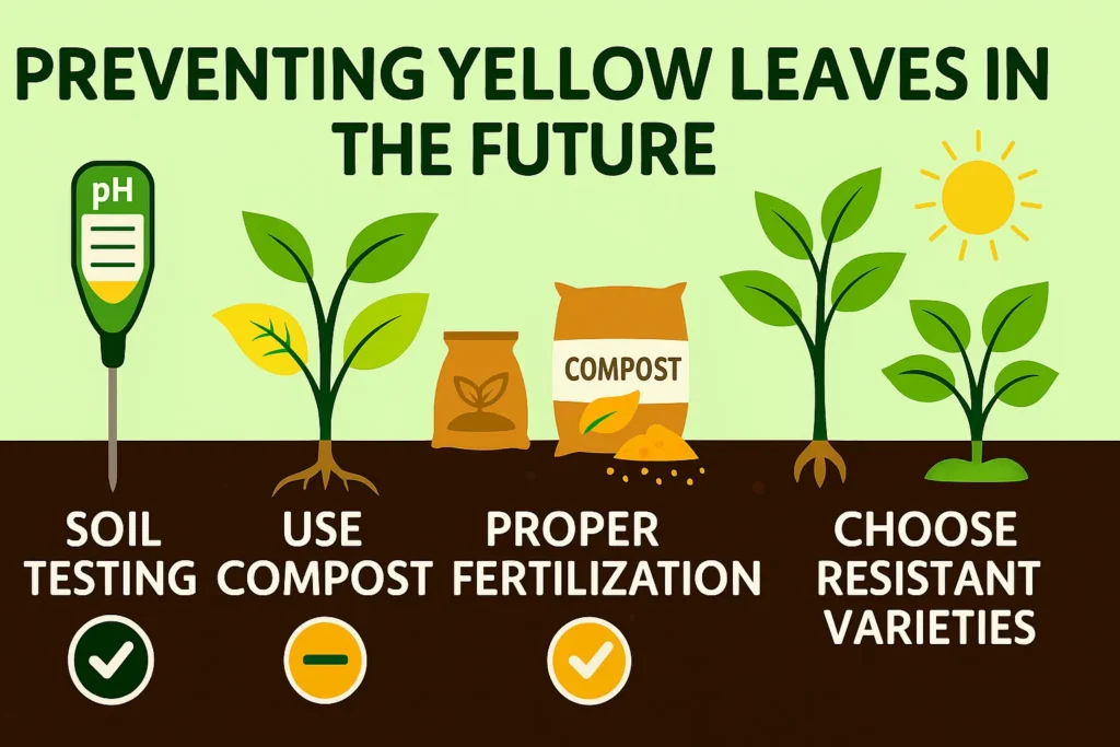 “Infographic showing prevention methods for Iron Chlorosis Yellow Leaves such as soil testing, compost, and balanced fertilization.”