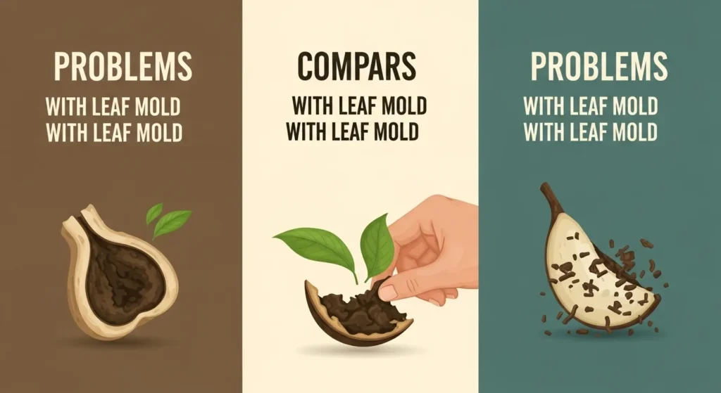 Common problems and solutions while making leaf mold shown visually.