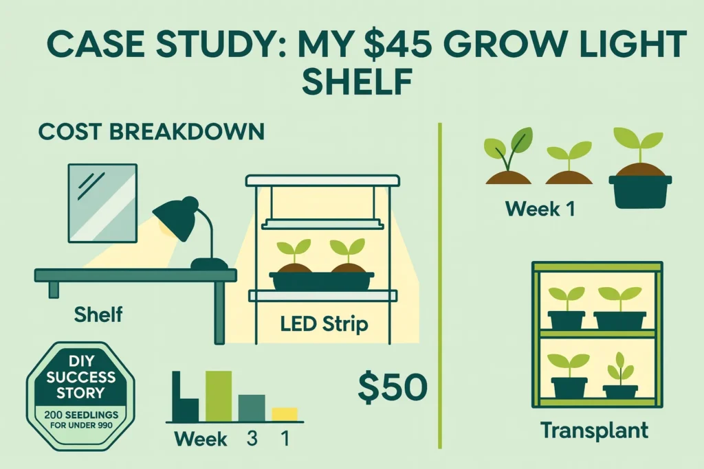 Infographic showing case study of a $45 grow light shelf using cheap grow lights for seedlings, with cost breakdown and plant growth progress.