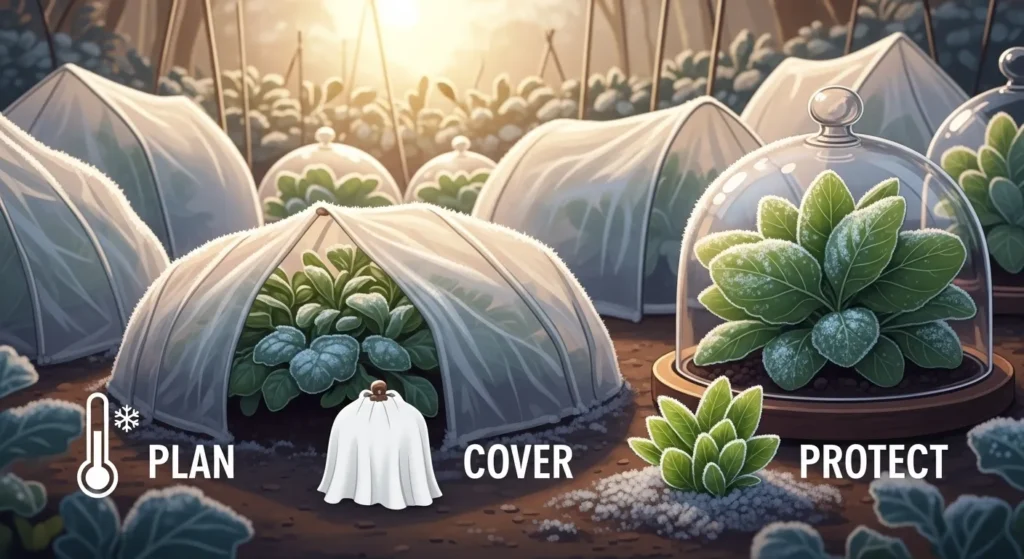 Warm garden scene showing effective frost protection for plants with frost cloth and cloches during sunrise after a frosty night.