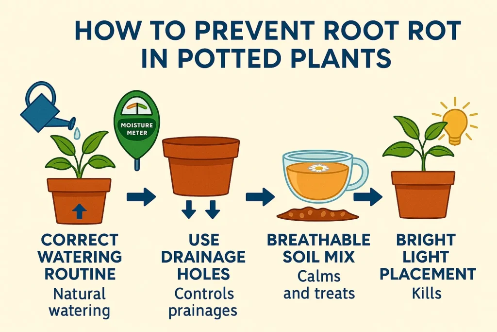 Infographic showing preventive methods for Root Rot in Potted Plants — correct watering routine, use of drainage holes, breathable soil mix, and bright light placement. Include step visuals with arrows and moisture meter illustration.