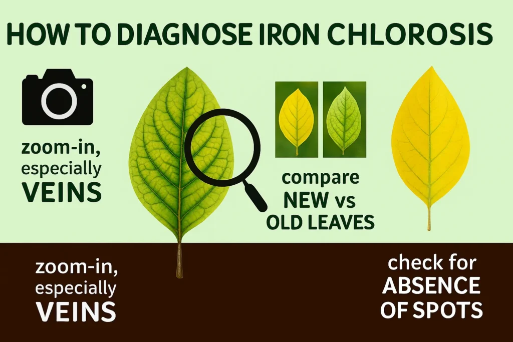“Infographic showing visual photo diagnosis tips for identifying Iron Chlorosis Yellow Leaves by examining vein color and leaf pattern.”