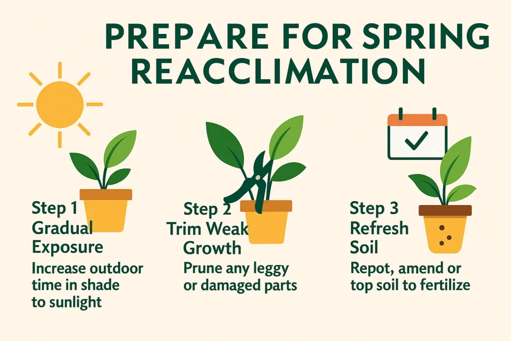 Infographic showing how to reacclimate houseplants to outdoor conditions in spring — moving plants gradually from shade to sunlight, trimming weak growth, and refreshing soil. Include calendar and sunlight icons.