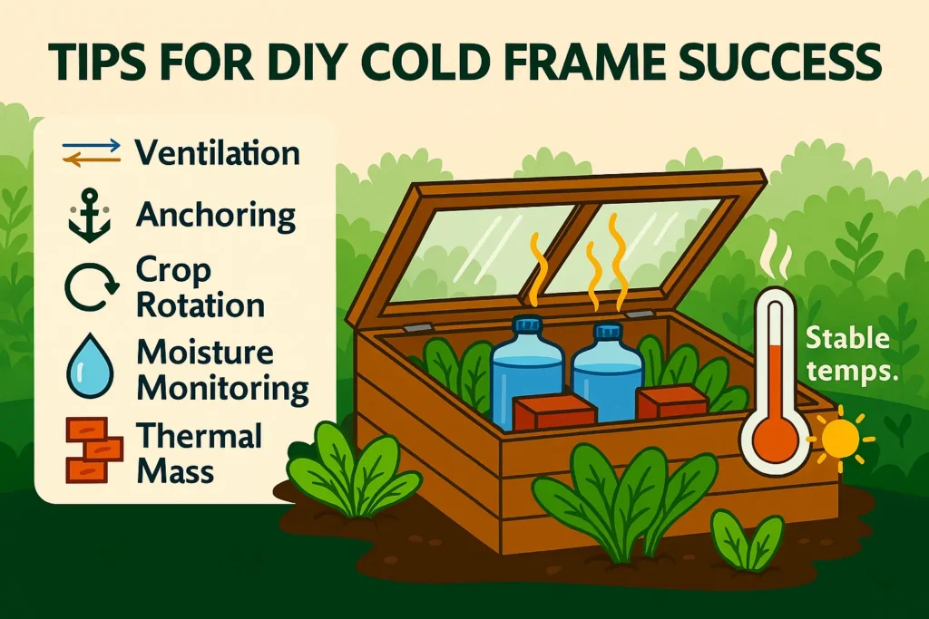 Infographic checklist showing DIY cold frame success tips such as ventilation, moisture monitoring, anchoring, and using thermal mass for stable heat.