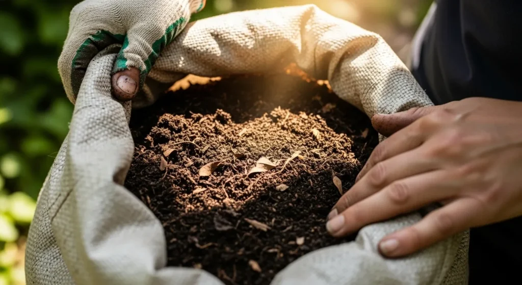 A gardener opening a bag of finished leaf mold ready to use in the garden.