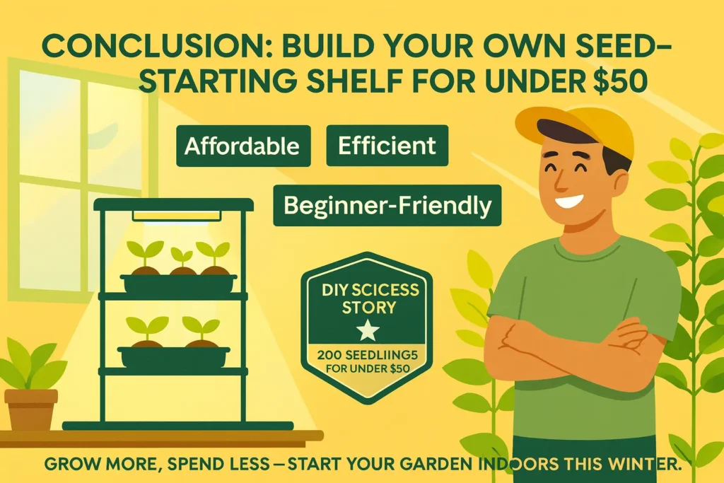 Infographic showing gardener beside LED grow light shelf with seedlings, summarizing benefits of using cheap grow lights for seedlings indoors.