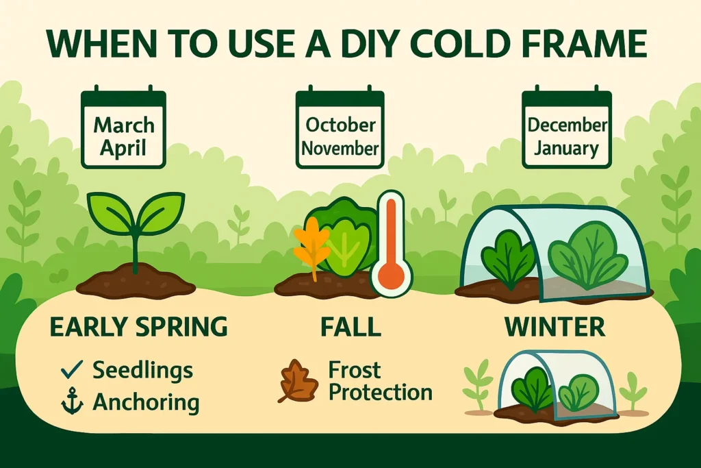 Infographic timeline showing when to use a DIY cold frame during early spring, fall, and winter for seedling growth and frost protection.