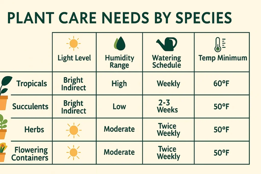 Infographic chart displaying plant care needs for different species — tropicals, succulents, herbs, and flowering containers. Include icons for light level, humidity range, watering schedule, and temperature minimum.