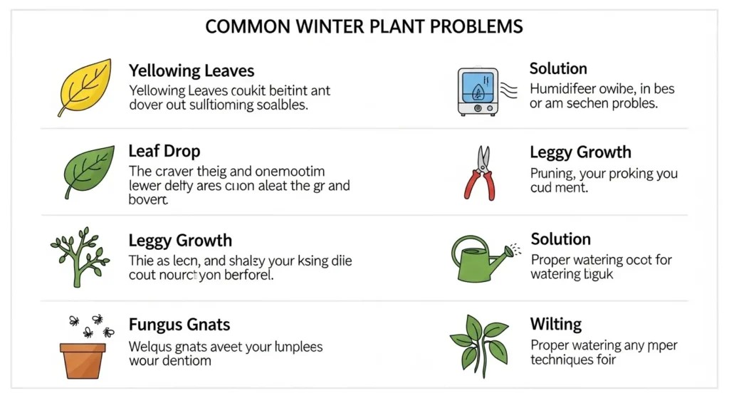 Infographic showing common winter plant problems and solutions — yellowing leaves, leaf drop, leggy growth, fungus gnats, and wilting. Display cause-and-solution pairs with visuals of affected leaves and quick remedies.