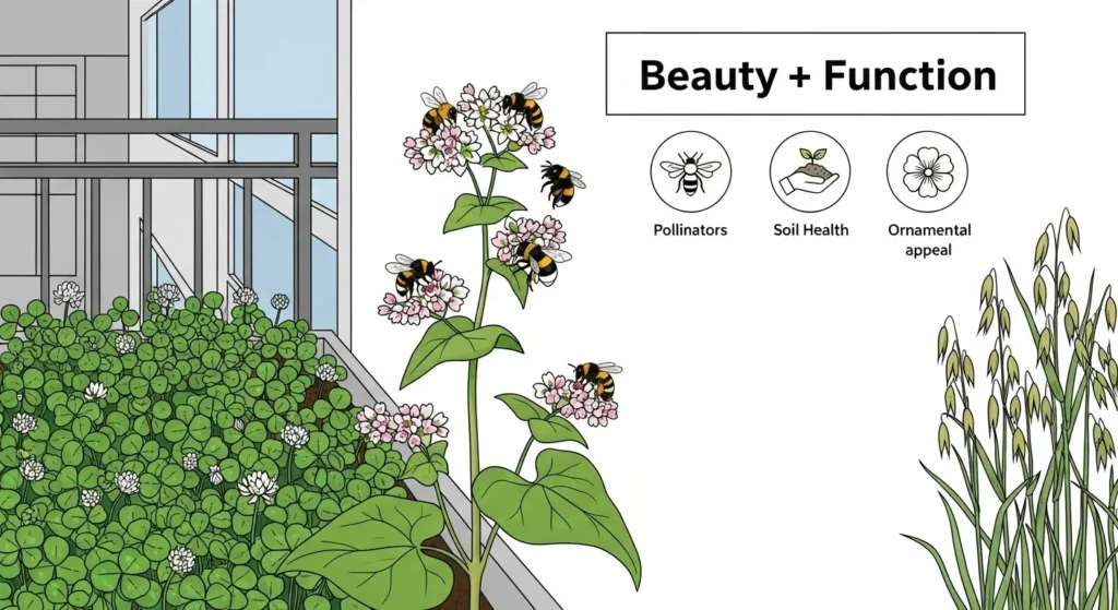 Buckwheat flowers in pots attracting pollinators, clover forming lush carpets, and oats adding texture in containers.