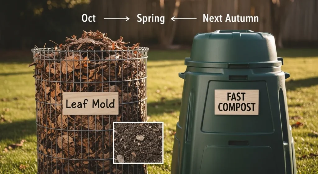 Illustration of two compost bins side by side, one for leaf mold compost and one for fast compost, with a timeline showing seasonal results.