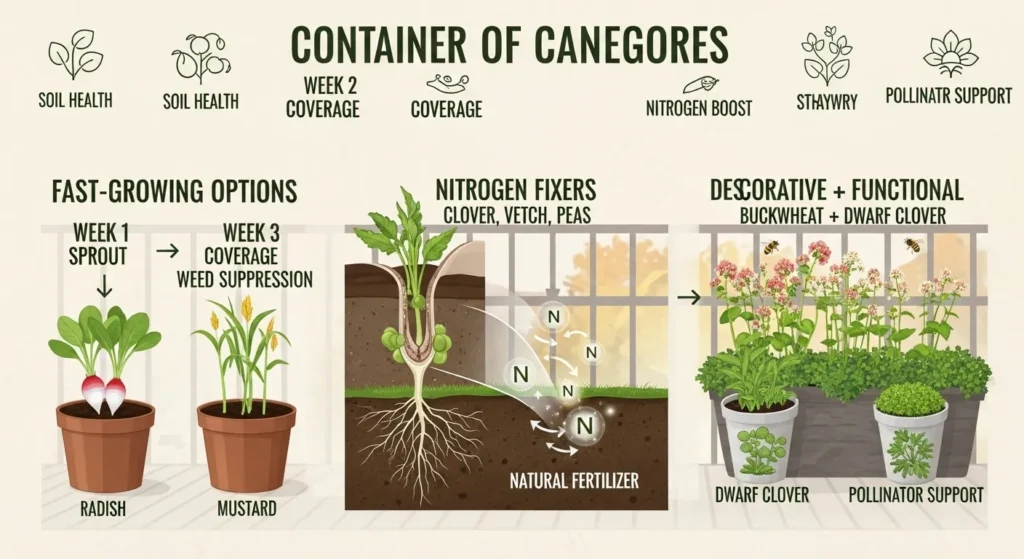 Infographic of container cover crop options showing fast-growing radish, oats, and mustard, nitrogen-fixing clover, vetch, and peas, and decorative options like buckwheat and dwarf clover, with labels for growth, nitrogen enrichment, and pollinator support.