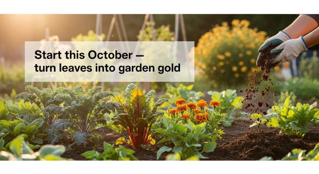 Healthy autumn garden scene with a gardener adding leaf mold compost to raised beds for stronger plants and richer soil.