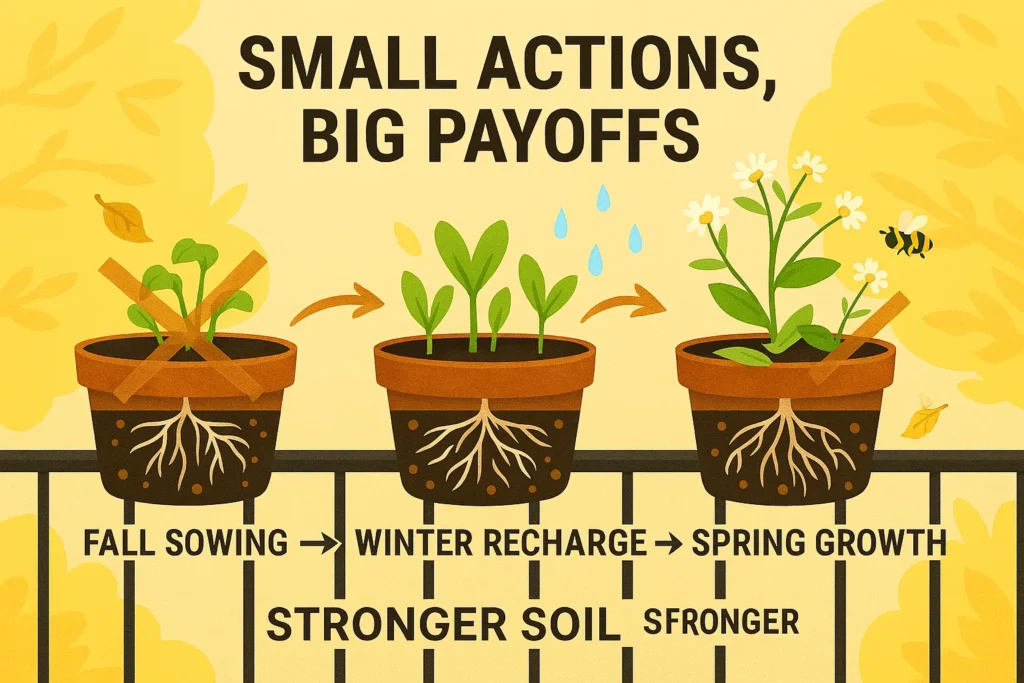 Illustration showing the seasonal cycle of container cover crops improving soil from fall to spring.