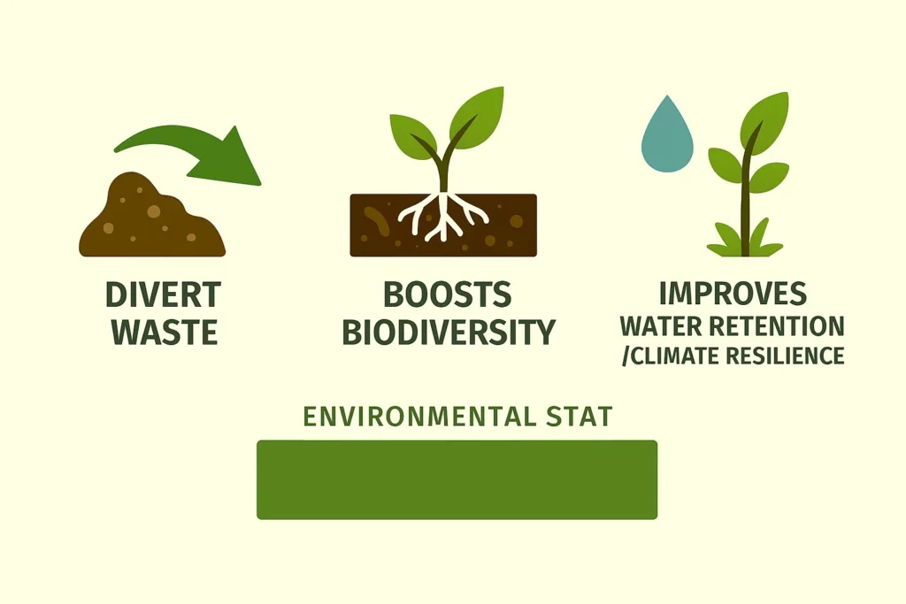 Eco infographic showing environmental benefits of leaf mold compost including waste reduction, biodiversity support, and improved water retention.