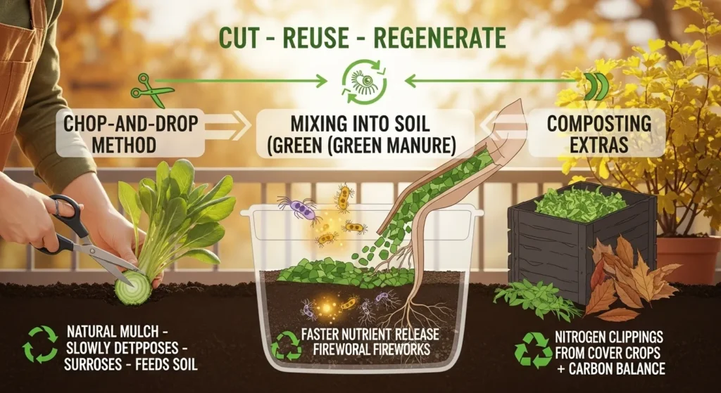 Infographic of three methods to reuse container cover crops: chop-and-drop mulch left on soil, mixing green matter into the topsoil to boost microbes, and composting extras with dried leaves for balanced compost.