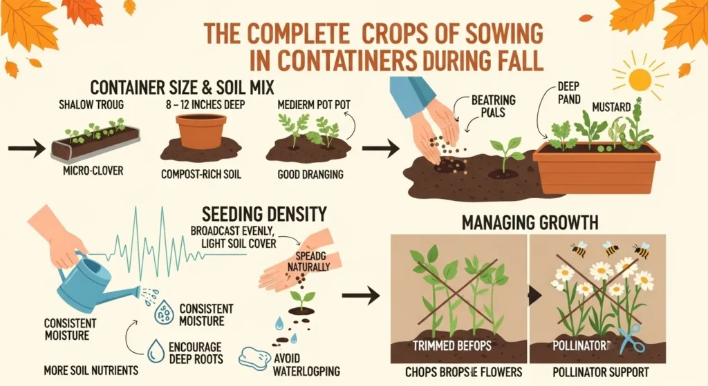 Infographic showing how to sow container cover crops in fall: choosing the right pot and soil, scattering seeds evenly, watering consistently, and managing growth by trimming or letting crops bloom for pollinators.