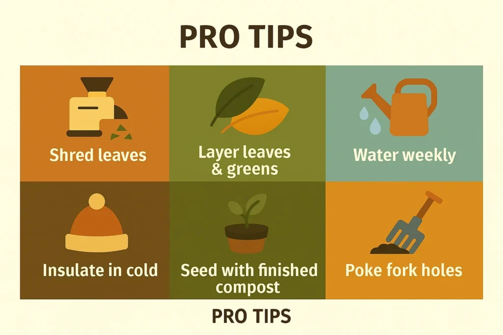 Quick tips infographic showing how to speed up leaf mold compost by shredding leaves, layering with greens, watering, insulating, and adding finished compost.