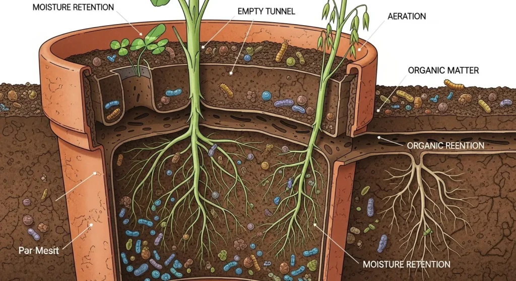 Diagram of container soil cross-section showing cover crop roots improving aeration, organic matter, and water retention.